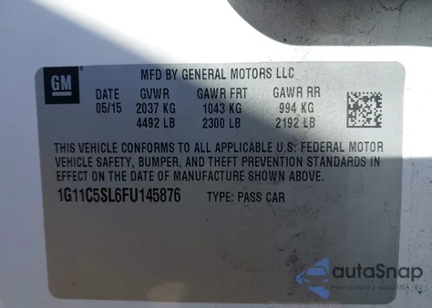 2015 Chevrolet Malibu 1Lt из США, поврежденный, VIN 1G11C5SL6FU145876